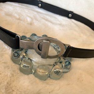 Chico's Black Leather Belt "Pewter" Oval Buckle